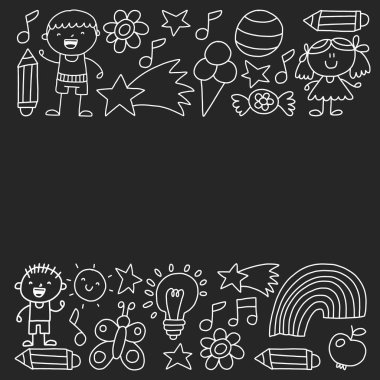 Çocuk Bahçesi, tek renkli çizilmiş çocuk bahçe elemanları desen el, illüstrasyon, vektör, illüstrasyon, dikey doodle