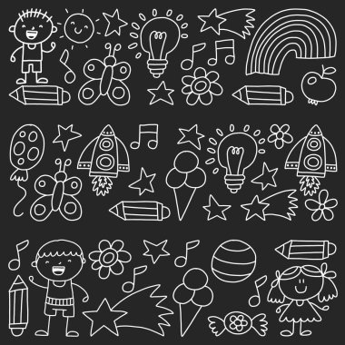 Çocuk Bahçesi, tek renkli çizilmiş çocuk bahçe elemanları desen el, illüstrasyon, vektör, illüstrasyon, dikey doodle