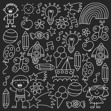 Çocuk Bahçesi, tek renkli çizilmiş çocuk bahçe elemanları desen el, illüstrasyon, vektör, illüstrasyon, dikey doodle