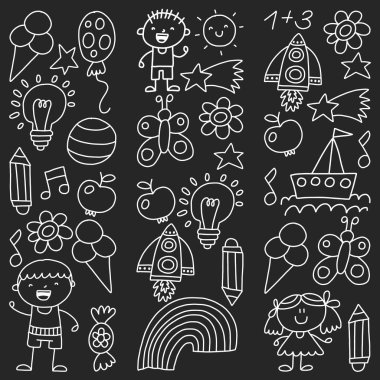 Çocuk Bahçesi, tek renkli çizilmiş çocuk bahçe elemanları desen el, illüstrasyon, vektör, illüstrasyon, dikey doodle