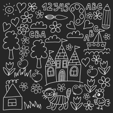 Anaokulu desen, çizilmiş çocuklar bahçe elemanları desen, çizim doodle, vektör çizim, tek renkli, siyah, beyaz.
