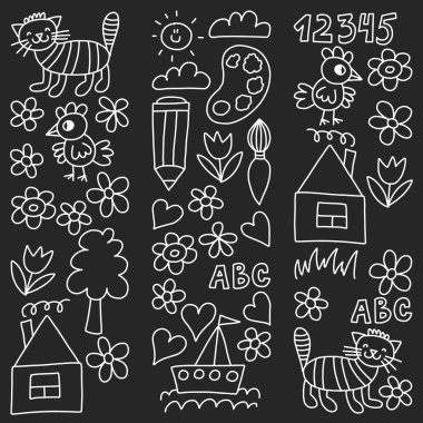 Anaokulu desen, çizilmiş çocuklar bahçe elemanları desen, çizim doodle, vektör çizim, tek renkli, siyah, beyaz.