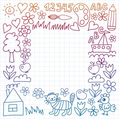 Anaokulu desen, çizilmiş çocuklar bahçe elemanları desen, çizim doodle, vektör çizim, renkli, beyaz, degrade, bakım