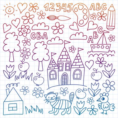 Anaokulu desen, çizilmiş çocuklar bahçe elemanları desen, çizim doodle, vektör çizim, renkli, beyaz, degrade, bakım