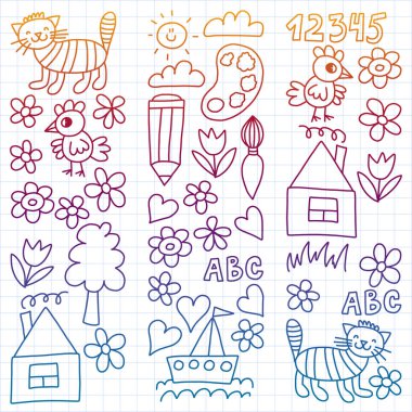 Anaokulu desen, çizilmiş çocuklar bahçe elemanları desen, doodle çizim, vektör çizim, renkli, beyaz, degrade bakım