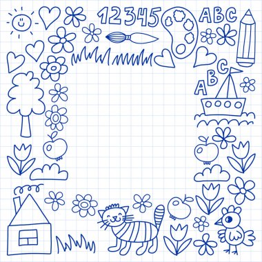 Anaokulu desen, çizilmiş çocuklar bahçe elemanları desen, çizim doodle, vektör çizim, tek renkli, siyah, mavi