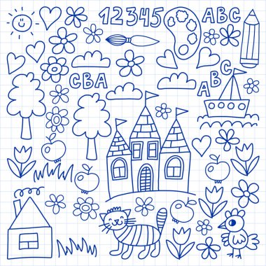 Anaokulu desen, çizilmiş çocuklar bahçe elemanları desen, çizim doodle, vektör çizim, tek renkli, siyah, mavi
