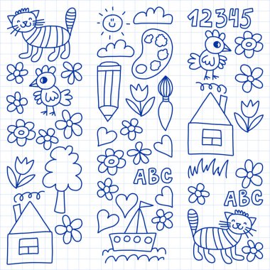 Anaokulu desen, çizilmiş çocuklar bahçe elemanları desen, çizim doodle, vektör çizim, tek renkli, siyah, mavi