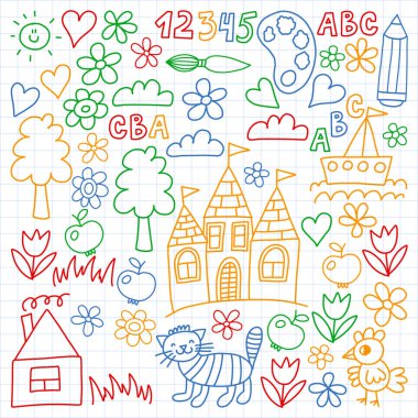 Anaokulu desen, çizilmiş çocuklar bahçe elemanları desen, çizim doodle, illüstrasyon, renkli vektör.