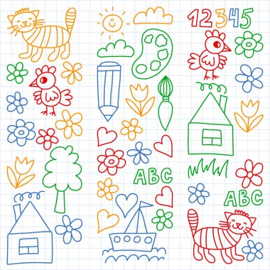 Anaokulu desen, çizilmiş çocuklar bahçe elemanları desen, çizim doodle, illüstrasyon, renkli vektör.