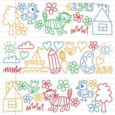 Anaokulu desen, çizilmiş çocuklar bahçe elemanları desen, çizim doodle, illüstrasyon, renkli vektör. satır.