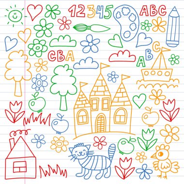 Anaokulu desen, çizilmiş çocuklar bahçe elemanları desen, çizim doodle, illüstrasyon, renkli vektör. satır.