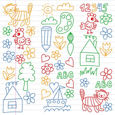Anaokulu desen, çizilmiş çocuklar bahçe elemanları desen, çizim doodle, illüstrasyon, renkli vektör. satır.