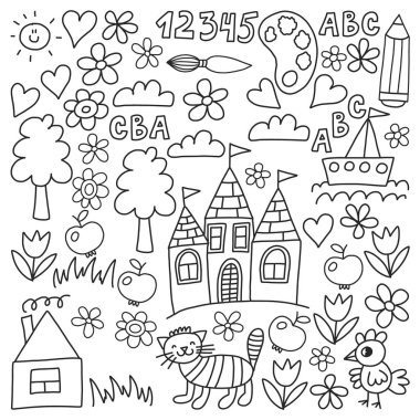 Anaokulu desen, çizilmiş çocuklar bahçe elemanları desen, çizim doodle, vektör çizim, tek renkli, siyah, beyaz.