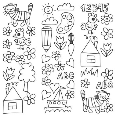 Anaokulu desen, çizilmiş çocuklar bahçe elemanları desen, çizim doodle, vektör çizim, tek renkli, siyah, beyaz.