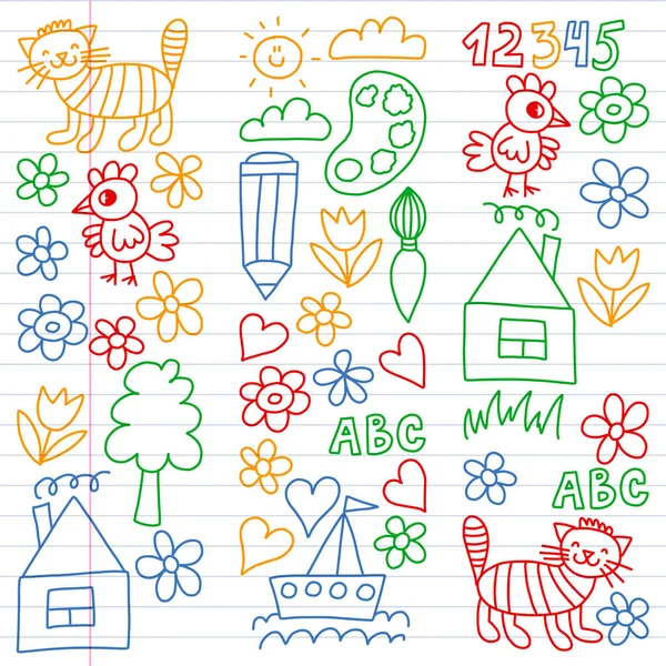 Anaokulu desen, çizilmiş çocuklar bahçe elemanları desen, çizim doodle, illüstrasyon, renkli vektör. satır.
