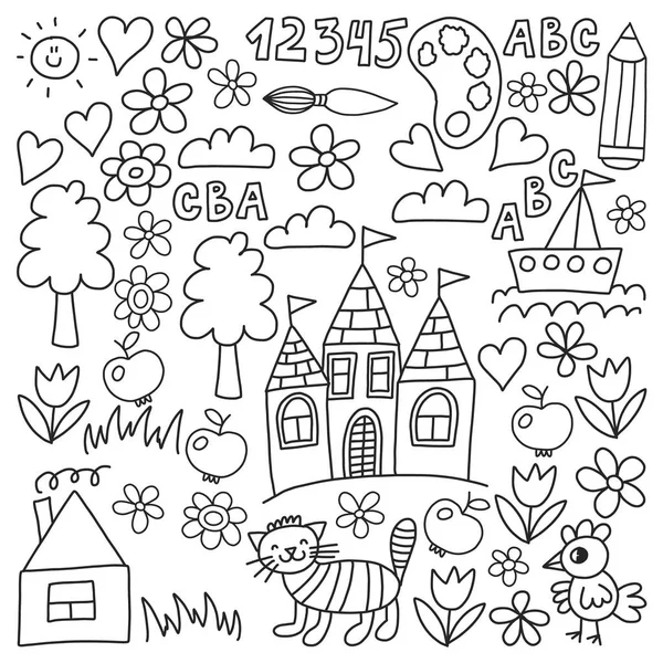 Kindergarten Muster, gezeichnete Kinder Garten Elemente Muster, Kritzelzeichnung, Vektorillustration, monochrom, schwarz, weiß. — Stockvektor