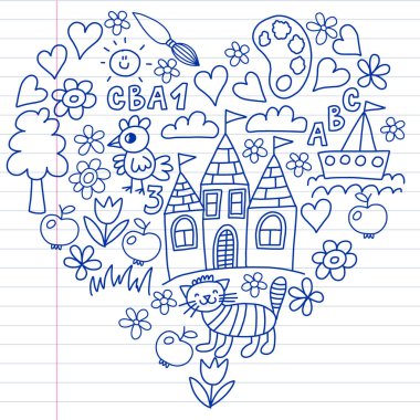 Anaokulu desen, çizilmiş çocuklar bahçe elemanları desen, çizim doodle, illüstrasyon, tek renkli, çizgi, mavi vektör.