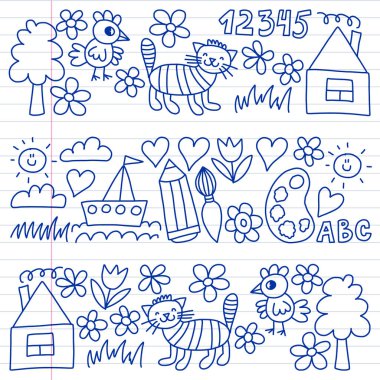 Anaokulu desen, çizilmiş çocuklar bahçe elemanları desen, çizim doodle, illüstrasyon, tek renkli, çizgi, mavi vektör.