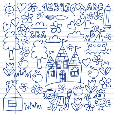 Anaokulu desen, çizilmiş çocuklar bahçe elemanları desen, çizim doodle, illüstrasyon, tek renkli, çizgi, mavi vektör.
