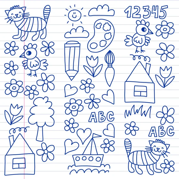 Kleuterschool patroon, getekende kinderen tuin elementen patroon, tekening doodle, vector illustratie, monochroom, lijn, blauw. — Stockvector