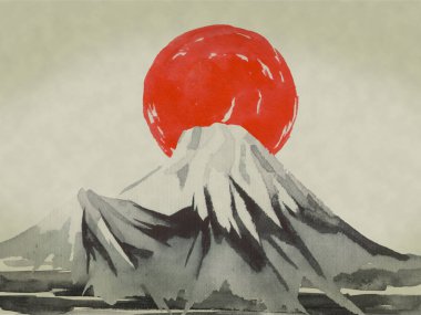 Japonya geleneksel sumi-e boyama. Suluboya ve mürekkep çizim stili sumi-e, u-sin. Fuji Dağı, sakura, günbatımı. Japonya güneş. Hint mürekkebi çizimde. Japon resim.
