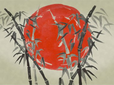 Japonya geleneksel sumi-e boyama. Suluboya ve mürekkep çizim stili sumi-e, u-sin. Fuji Dağı, sakura, günbatımı. Japonya güneş. Hint mürekkebi çizimde. Japon resim.