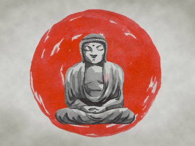 Geleneksel Japon sumi tablosu. Fuji dağı, sakura, gün batımı. Japon güneşi. Hint mürekkebi çizimi. Japonca resim.