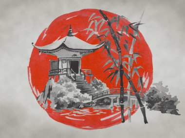 Geleneksel Japon sumi tablosu. Fuji dağı, sakura, gün batımı. Japon güneşi. Hint mürekkebi çizimi. Japonca resim.