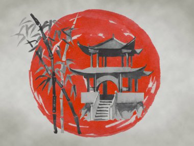 Geleneksel Japon sumi tablosu. Fuji dağı, sakura, gün batımı. Japon güneşi. Hint mürekkebi çizimi. Japonca resim.