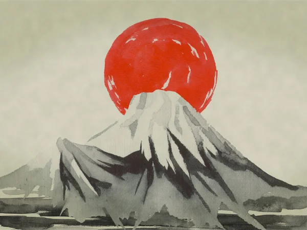 Japan traditional sumi-e painting. Watercolor and ink illustration in style sumi-e, u-sin. Fuji mountain, sakura, sunset. Japan sun. Indian ink illustration. Japanese picture.