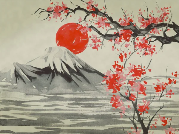 Japan traditional sumi-e painting. Watercolor and ink illustration in style sumi-e, u-sin. Fuji mountain, sakura, sunset. Japan sun. Indian ink illustration. Japanese picture.