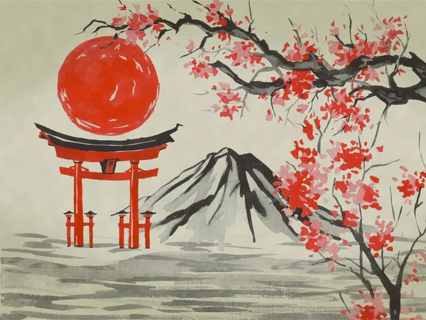 Giappone tradizionale pittura sumi-e. Illustrazione acquerello e inchiostro in stile sumi-e, u-sin. Montagna Fuji, sakura, tramonto. Sole giapponese. Illustrazione inchiostro indiano. Immagine giapponese . — Foto Stock
