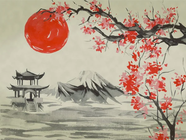 Japan traditional sumi-e painting. Watercolor and ink illustration in style sumi-e, u-sin. Fuji mountain, sakura, sunset. Japan sun. Indian ink illustration. Japanese picture.