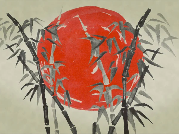 Japan traditional sumi-e painting. Watercolor and ink illustration in style sumi-e, u-sin. Fuji mountain, sakura, sunset. Japan sun. Indian ink illustration. Japanese picture.