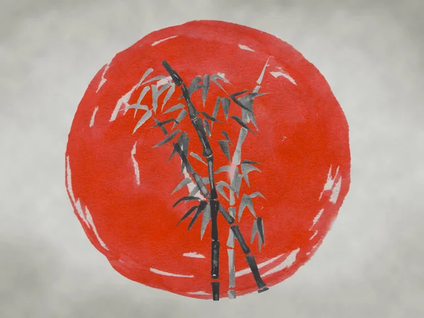 日本传统的相扑绘画。富士山，樱花，日落。日本阳光。印度墨水插图。日本图片. — 图库照片