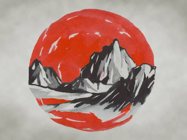 Japan traditional sumi-e painting. Fuji mountain, sakura, sunset. Japan sun. Indian ink illustration. Japanese picture.