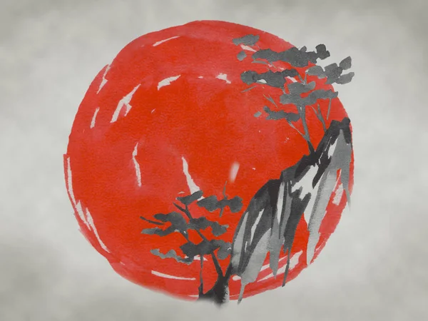 Geleneksel Japon sumi tablosu. Fuji dağı, sakura, gün batımı. Japon güneşi. Hint mürekkebi çizimi. Japonca resim.