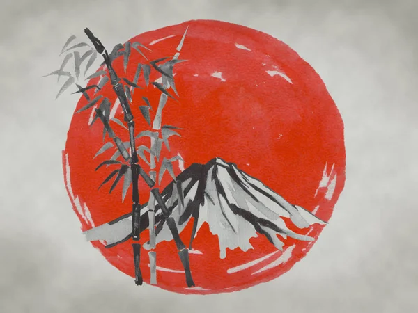 Japón tradicional sumi-e pintura. Montaña Fuji, sakura, puesta de sol. Japón sol. Ilustración de tinta india. Imagen japonesa. —  Fotos de Stock