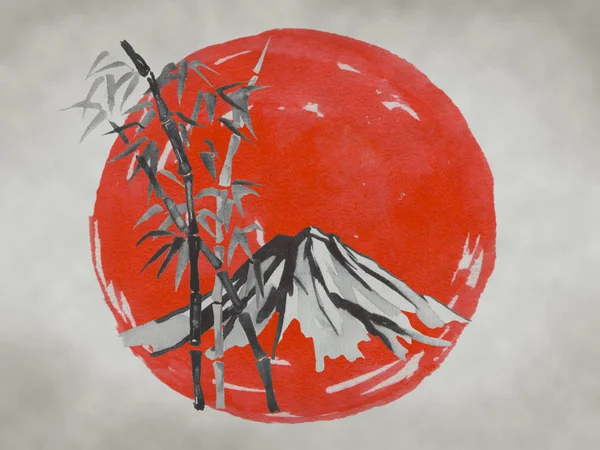 Japan traditional sumi-e painting. Fuji mountain, sakura, sunset. Japan sun. Indian ink illustration. Japanese picture.