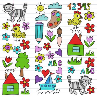 Anaokulu desen, çizilmiş çocuklar bahçe elemanları desen, çizim, vektör çizim, renkli, çizgi doodle.