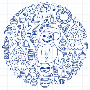 Vektör Noel ayarla, stil tatil simgeleri doodle. Boyalı, beyaz bir arka plan üzerinde Kareli kağıt üzerine bir kalemle çizilmiş.