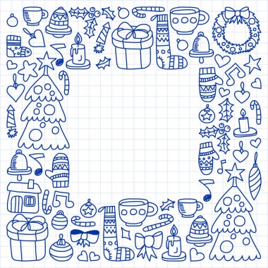 Vektör Noel ayarla, stil tatil simgeleri doodle. Boyalı, beyaz bir arka plan üzerinde Kareli kağıt üzerine bir kalemle çizilmiş.