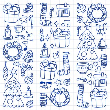 Vektör Noel ayarla, stil tatil simgeleri doodle. Boyalı, beyaz bir arka plan üzerinde Kareli kağıt üzerine bir kalemle çizilmiş.