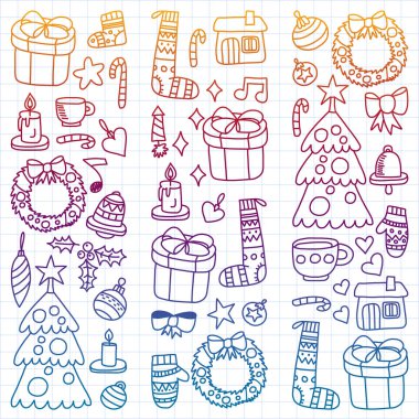 Vektör Noel ayarla, stil tatil simgeleri doodle. Boyalı, renkli, degrade, beyaz bir arka plan üzerinde Kareli kağıt üzerine bir.
