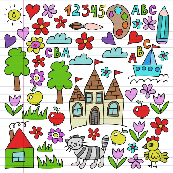 Przedszkole wzór, wzór ciągnione dzieci elementy ogrodu, doodle rysunku, wektor ilustracja, kolorowe, linia. — Wektor stockowy