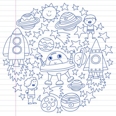 Doodle tarzı alanı öğeleri simgelerin vektör kümesi. Boyalı, beyaz bir arka plan üzerinde Kareli kağıt üzerine bir kalemle çizilmiş.