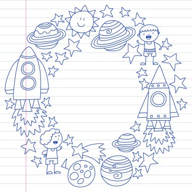 Doodle tarzı alanı öğeleri simgelerin vektör kümesi. Boyalı, beyaz bir arka plan üzerinde Kareli kağıt üzerine bir kalemle çizilmiş.