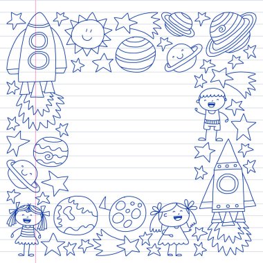 Doodle tarzı alanı öğeleri simgelerin vektör kümesi. Boyalı, beyaz bir arka plan üzerinde Kareli kağıt üzerine bir kalemle çizilmiş.