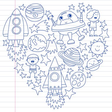 Doodle tarzı alanı öğeleri simgelerin vektör kümesi. Boyalı, beyaz bir arka plan üzerinde Kareli kağıt üzerine bir kalemle çizilmiş.